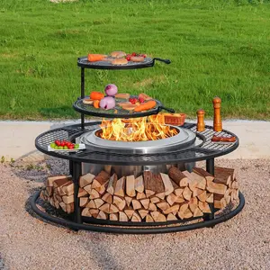 Outvue 50-Inch Smokeless Fire Pit Surround Table with 2 Grill Grates, Firewood Storage Shelf & Protective Safety Barrier (Stove Not Included)