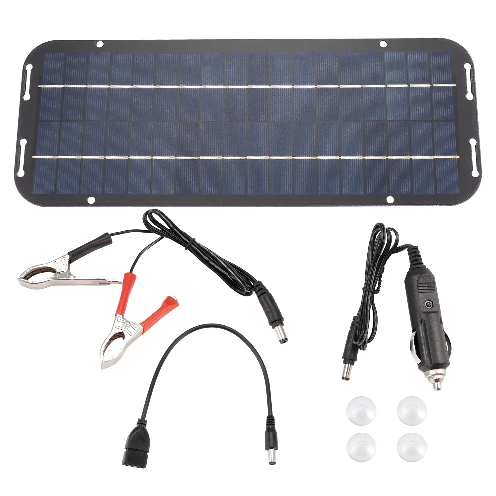 12V 6W Portable Solar Panel Charger with Alligator Clips, Suction Cups, 1x Battery Charging Clip Cord, 12V Light Socket, 1x Plug, Plastic Build, 270-410mAh Trickle Charge for Car Batteries Maintenance, Plug & Play, 1 X Plug