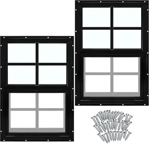 2 count 12'' x 18'' Black Flush Mount Shed Window with Tempered Glass and Screen Household Windows Sliding Windows with Vertical Slider and Screws for Chicken Coop Sheds Barns