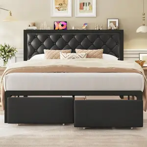 Bed Frame With 2 Storage Drawers, Tufted Upholstered Headboard With Charging Post, No Springs, No Noise, All-Metal Construction,Black