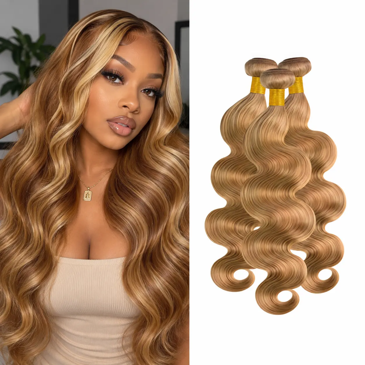 P4/27 Honey Blonde Highlighted Body Wave Human Hair Blend Bundles, 1 Bundle, Brazilian Human Hair Blend Weft Hair Extensions for Women, Soft & Natural Wavy Hair, 12-30 Inches