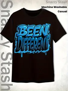 Men's Been Different Graffiti Drip T-Shirt - Turquoise Blue & Black Urban Streetwear Tee with White & Blue Paint Splatter Design, BEEN DIFFERENT Slogan, Round Neck Casual Shirt for Casual Ttire (Machine Washable)