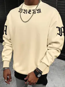 Men's Fleece Knit Pullover Crewneck Sweatshirt Long Sleeve Round Neck Sweater, Letter Print Casual Loose Fit Top for Fall & Winter Daily Wear Knitwear