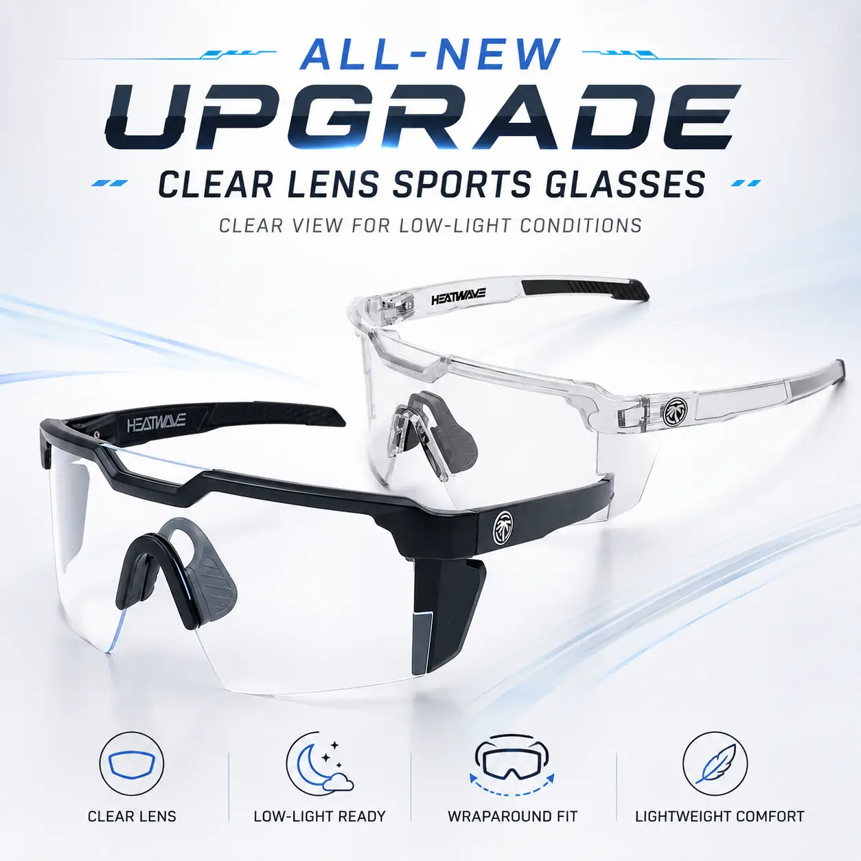 [New Launch Instant Cut] HEATWAVE Upgraded Clear Lens Sports Glasses for Men and Women, UV400 Z87 Wraparound Eyewear for Night Cycling, Running, Indoor, Work and Low-Light Activities