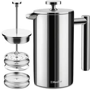 MuellerLiving French Press Coffee Maker, 20 oz, Stainless Steel, 4 Filters, Double Insulated, Rust-Free, Dishwasher Safe