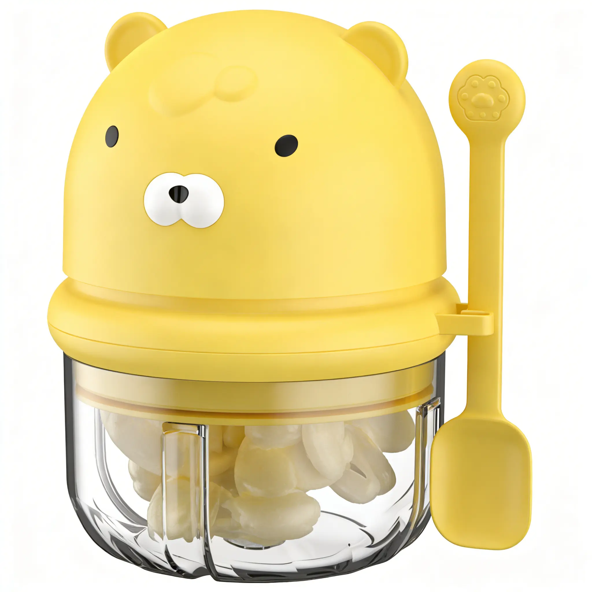 Wireless Mini Electric Garlic Chopper Cute Bear Design Type-C Fast Charging Thick Clear Glass Cup Detachable Easy Clean Splash Proof Safety Lock for Garlic Chili Onion Vegetable Meat Nut Baby Food Small Kitchen Tool with Bonus Spoon