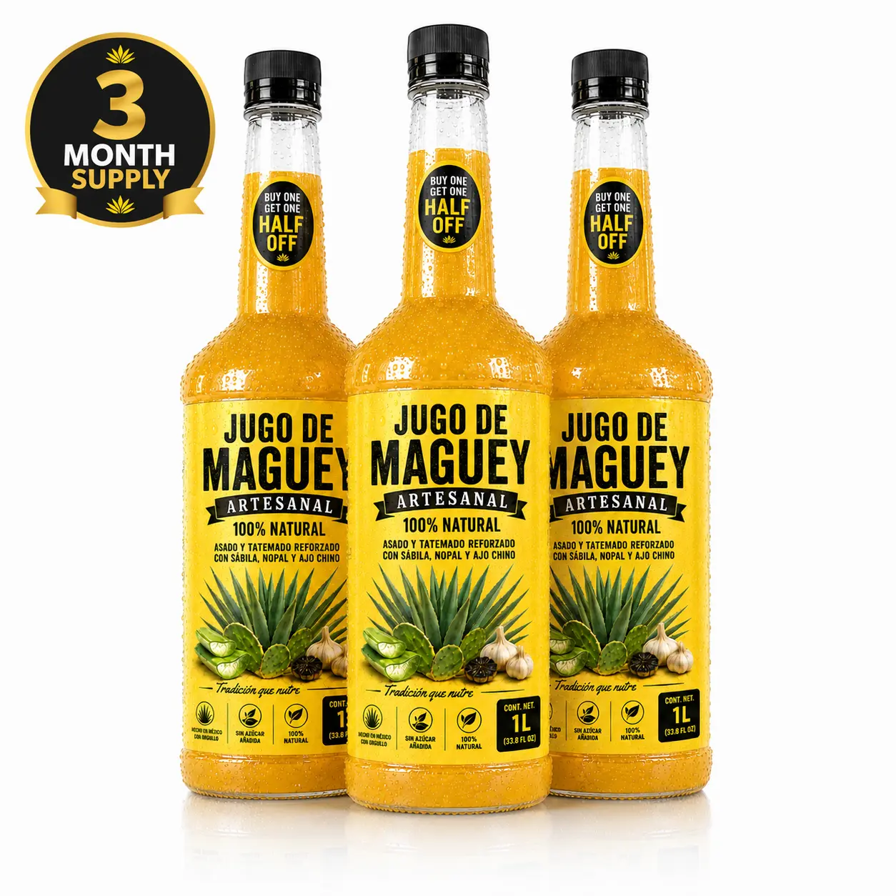 3 Month Supply (3 Bottles) Viral Jugó de Maguey PREMIUM Artesanal 33 Fl Oz (1 Lt) Each - Maxima Calidad de Exportacion -  100% Natural Reinforced with Sábila Nopal and Ajo Chino Strong Flavor Beverage Syrup