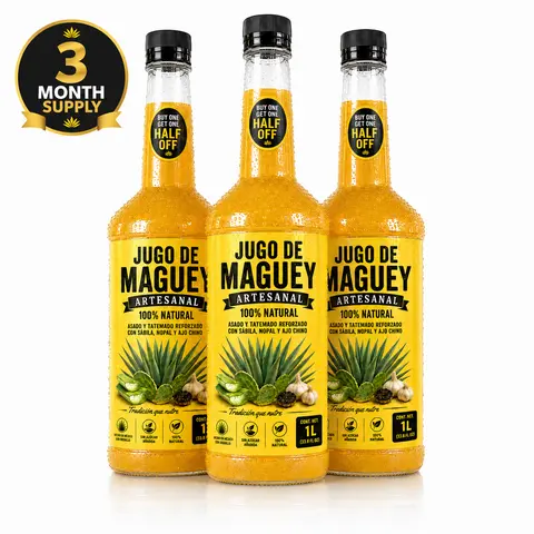 Certified Organic Premium Artisanal Maguey Agave Natural Blend Beverage Syrup with Aloe Vera, Nopal, Chinese Garlic Strong Flavor - 3x1L (33oz) Bottles, 3-Month Supply, Room Temp, Export-Grade, Sugar Free Fruit Juice