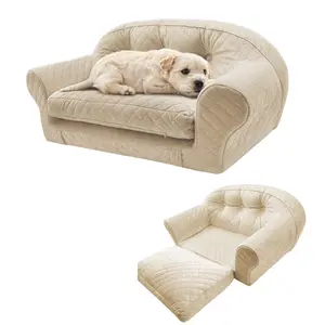 Luxury Tufted Dog Sofa Bed with Attached Removable Blanket, Anti‑Anxiety Calming Pet Couch Bed, Washable Soft Bolster Pet Bed for Small Medium Dogs & Cats Up to 60lbs