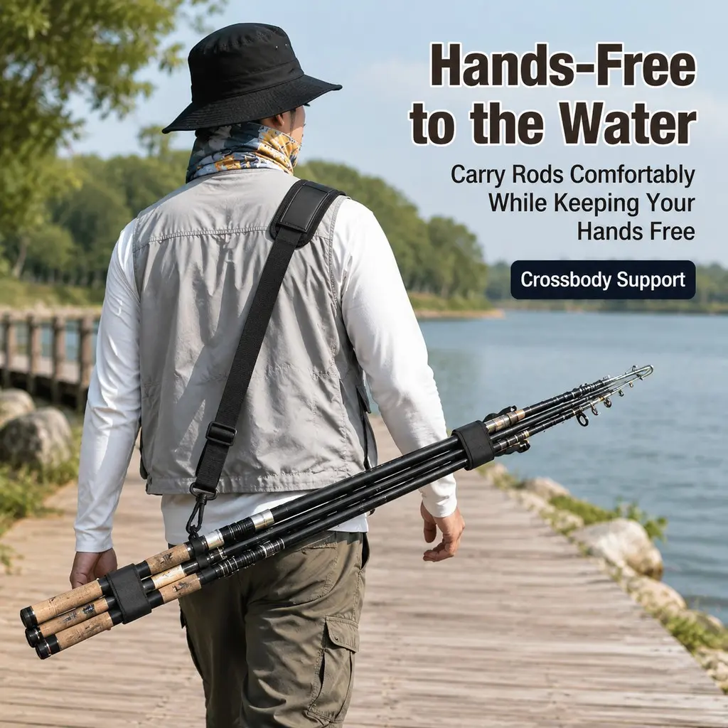 Lure Rod Back Strap, Fishing Rod Carrier Belt, Non-Slip Shoulder Strap, Portable Multi-Functional Magic Tape Buckle