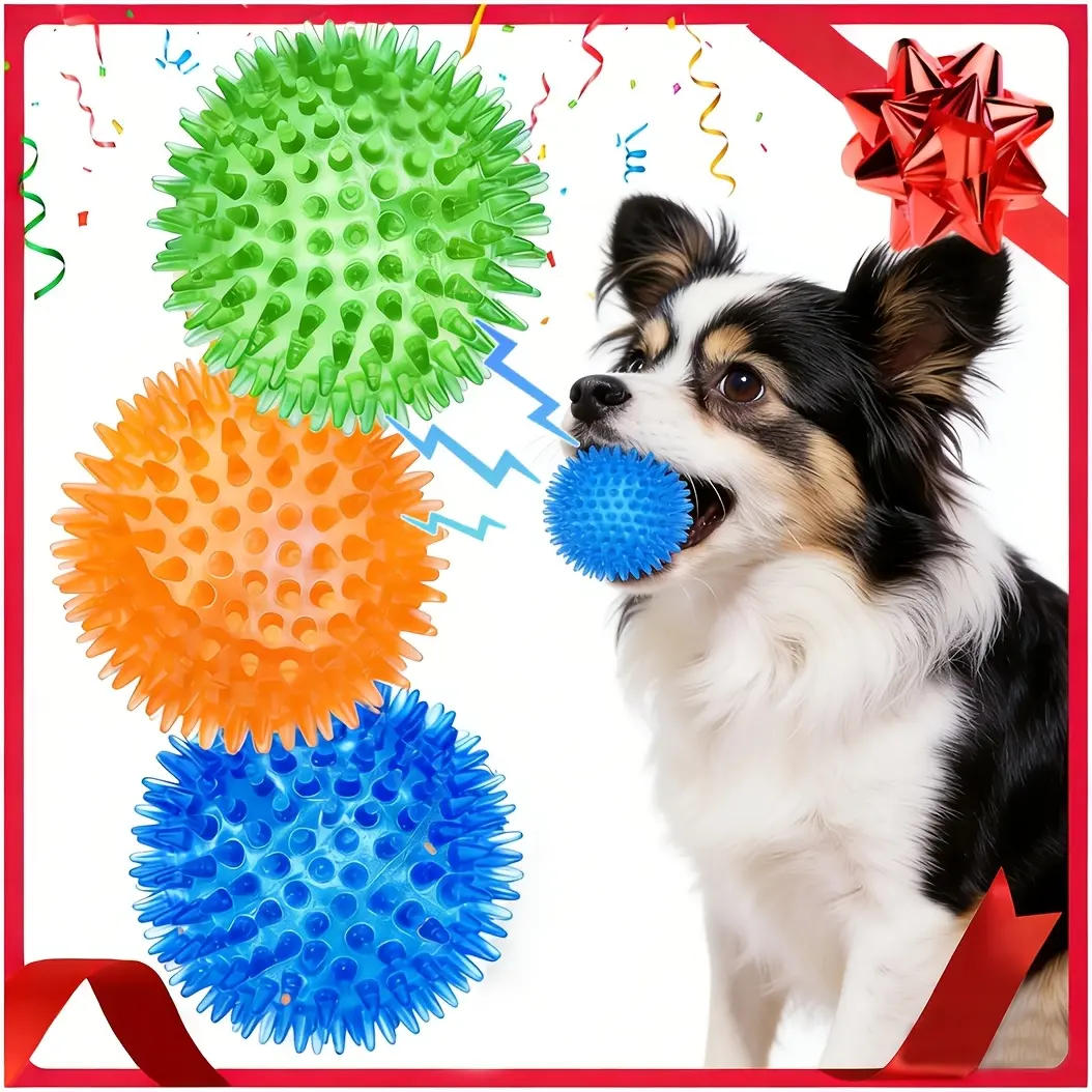 Vitscan Dog Toys Ball, 3 Pack Squeaky Dog Toys, Durable Dog Toys For Aggressive Chewers, Spiky Dog Ball For Clean Teeth And Training, Fetch Toys For Large Dogs, Puppy Chew Toys For Teething