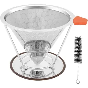 Pour Over Coffee Dripper, Paperless Pour Over Coffee Filter,  Pour Over Coffee Maker Set, Dual-Layer Stainless Steel Cone Filter, Detachable Dripper Stand, Single Cup Brewer 1-4 Cup