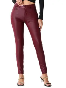 INSPIRE CHIC Faux Leather Pants Women's High Waist Stretch Slim Fit Motorcycle Legging Pants Burgundy