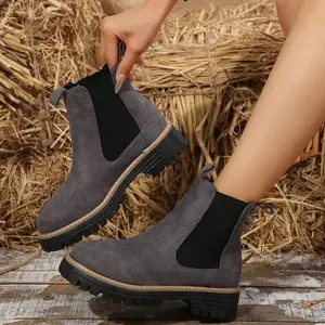 Women’s Chunky Sole Chelsea Boots, Trendy Brown High-Heel Ankle Boots, Casual PU Leather Short Boots for Autumn and Winter
