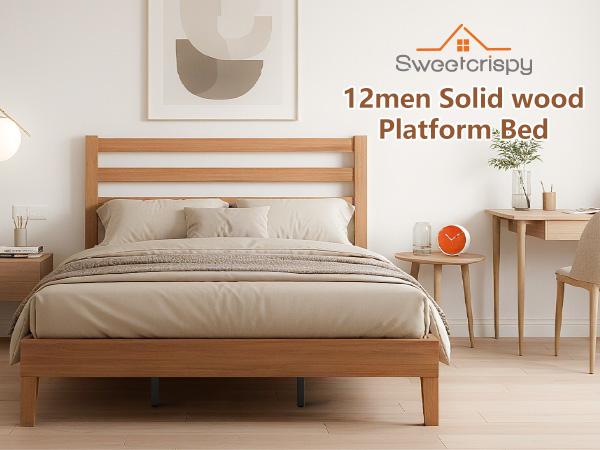 Wood Bed Frame with Headboard - Walnut Finish, Solid Wood Slat Support System, No Box Spring Required Wood Bed Frame with Headboard - Walnut Finish, Solid Wood Slat Support System, No Box Spring Required