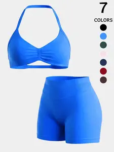 Women's Halter Backless Bra Shorts Set, High Waist Butt Lifter with Pads, Ideal for Yoga Fitness Daily Wear, Two-In-One Sportswear, Sporty Style Clothes