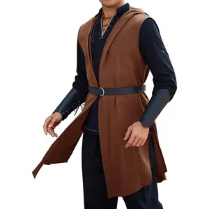 Mens Renaissance Costume Hooded Surcoat Medieval Knight Sleeveless Tunic Tops Tabard  Holloween Cloak