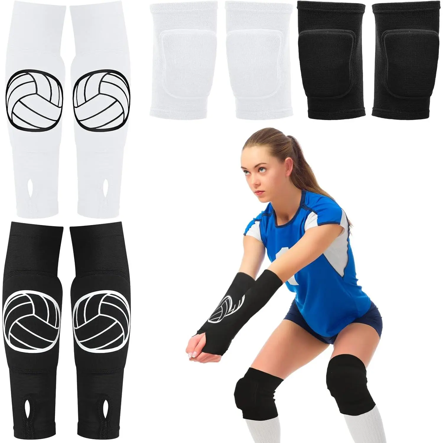 Sports Knee Pads 2-Set Volleyball Accessories - Compression Arm Warmers, Forearm Wrist Guards with Thumb Holes, Soft Breathable Protection for Hitting, Passing