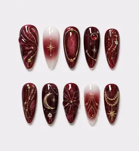 Burgundy Press On Nails | Almond Gold Celestial Moon Star Art | Luxury Deep Red Fake Nails | Vampire Gothic Night Party Gift