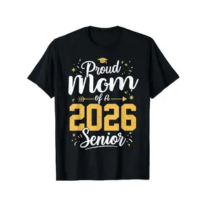Proud Mom of a 2026 Senior Graduation T-Shirt - Class of 2026 Golden Lettering & Cap Design, Unisex Loose-Fit Round Neck, Comfortable Casual Wear for Graduation Season, Graphic Tees Tshirt