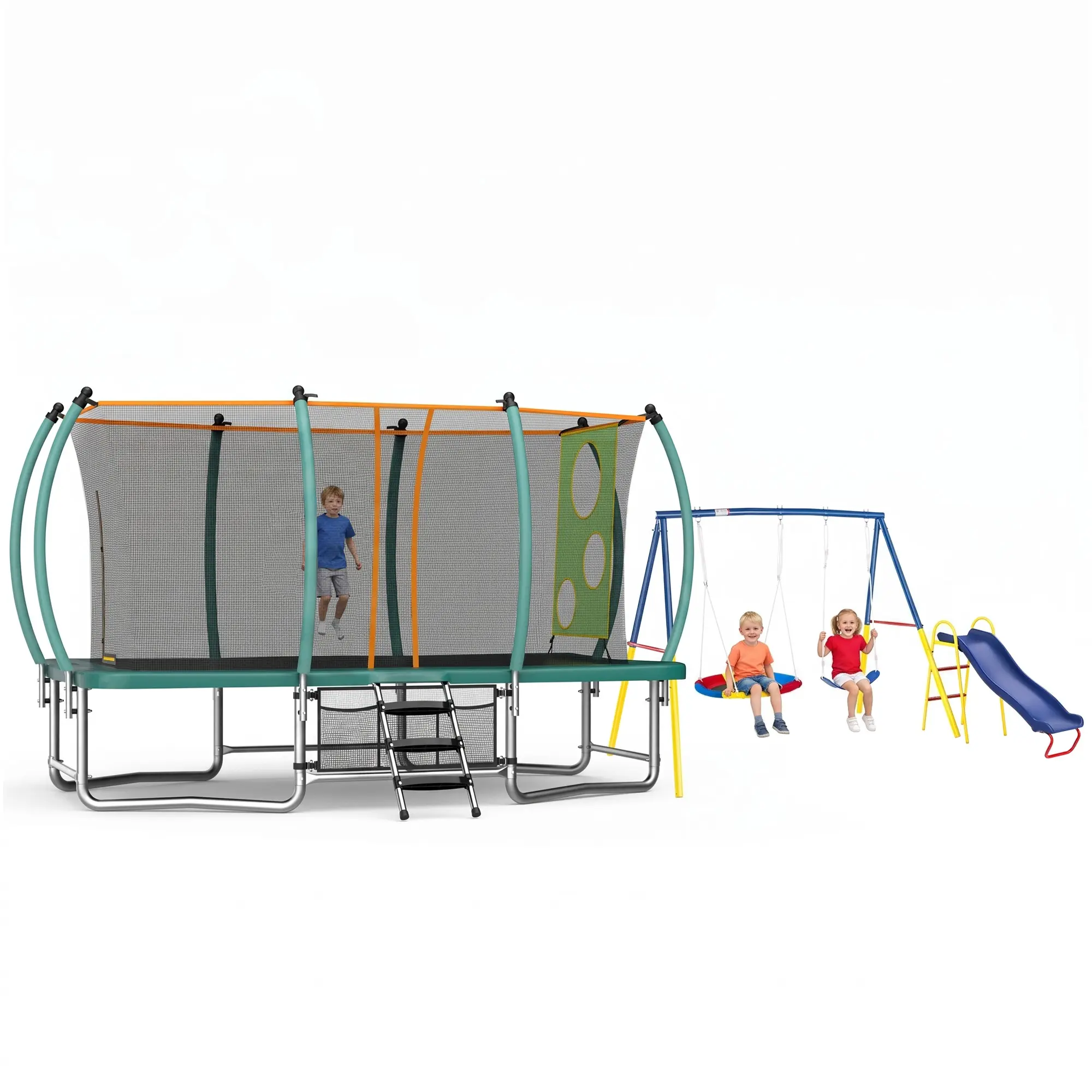 8X14FT 3-in-1 Rectangular Trampoline with Swing and Slide, Outdoor Square Trampolines for Kids Adults, Long Rectangular Tumbling Trampoline with Enclosure Net, Ladder & Double Stability Balance Bar
