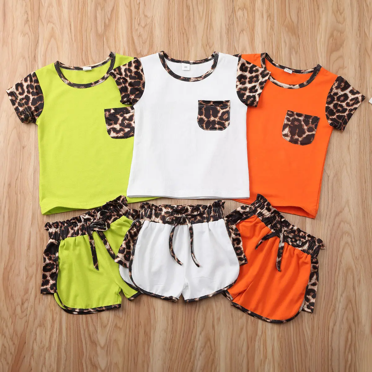 Toddler Baby Boys Girls 2Pcs Summer Outfits Short Sleeve Crew Neck Pocket T-Shirt Top+ Elastic Leopard Waist Short Trousers