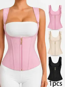 Adjustable Strap Waist Trainer Corset with Front Zipper & Hook-Eye Closure, Breathable Curved Body Shaper for Women, Tummy Control & Posture Support for All-Day Wear, Shapewear