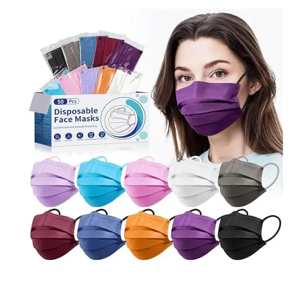 Disposable Face Mask for Adults - 4 Ply Protection, Individually Wrapped 50 Pack, 10 Colors, Breathable Comfortable & Safe