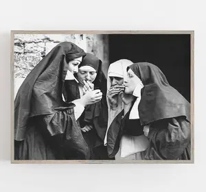[Sale Off Up To 50%] [Unframe] Nuns Smoking Black and White Art, Funny Vintage Wall Print, Printable Art