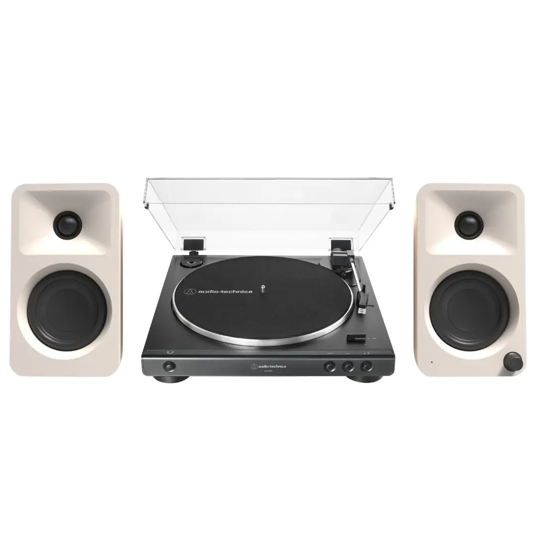 Kanto ORAME 100W Powered Reference Desktop Computer Speakers (Cream) with 60X-BK Fully Automatic Belt-Drive Stereo Turntable - Bundle