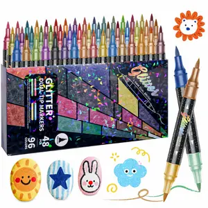 96 Color Dual Tip Glitter Markers Set, 12/24/36/48 Metallic Sparkle Pens, Water-Based Ink, Non-Toxic, Ideal for Cards, Crafts, Doodling, Adult Coloring Books, Art Materials