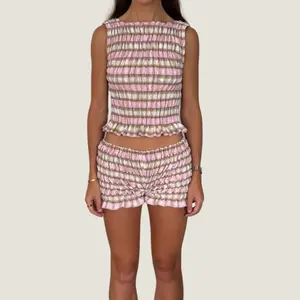Women's Summer Shorts OutfitFit Stylish Plaid Smocked Ruffled Trim Sleeveless Tank Tops and Shorts 2 Pcs Set