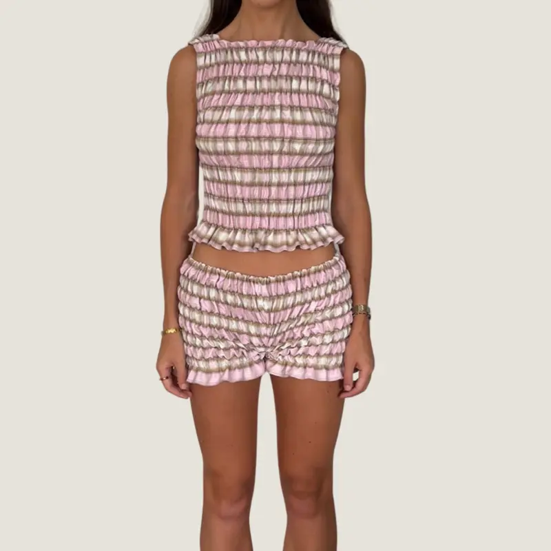 Women's Summer Shorts OutfitFit Stylish Plaid Smocked Ruffled Trim Sleeveless Tank Tops and Shorts 2 Pcs Set