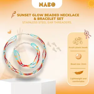 Sunset Glow Beaded Necklace & Bracelet Set - Multi-Strand Statement Piece with Red, Orange & Turquoise Beads Matelasse Chain Exquisite Jewelry Gift