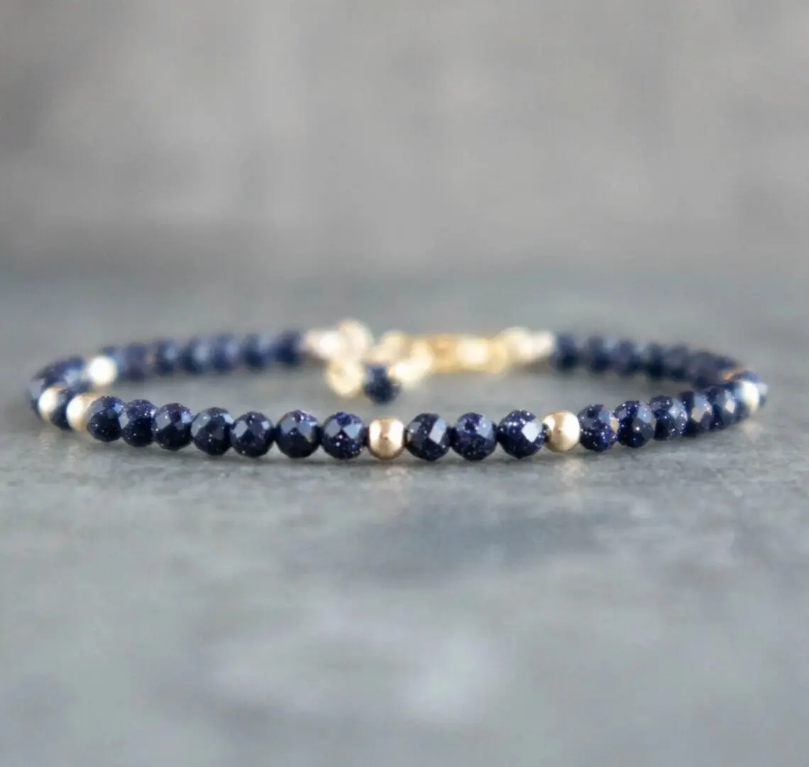 Natural Blue Goldstone Bracelet 2mm Tiny Gemstone Dainty Bracelet Delicate Crystal Beaded Bracelet Anklet Minimalist Style for Women Handmade Adjustable