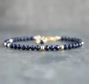 Natural Blue Goldstone Bracelet 2mm Tiny Gemstone Dainty Bracelet Delicate Crystal Beaded Bracelet Anklet Minimalist Style for Women Handmade Adjustable