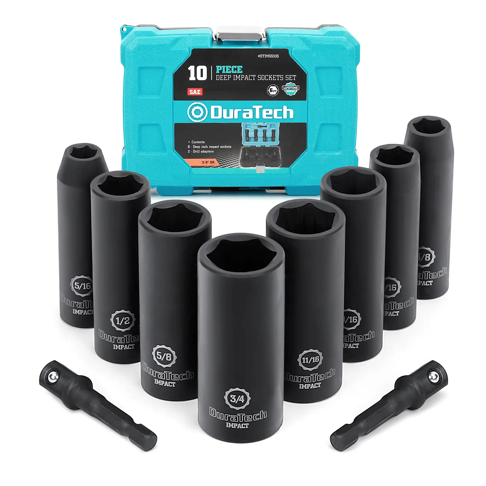 #fathersdaygift DURATECH 10-Count 3/8" Drive 6 Point Deep Impact Socket Set, Including 8COUNTS Deep Impact Sockets in SAE Sizes (5/16", 3/8", 7/16", 1/2", 9/16", 5/8", 11/16", 3/4") & 2COUNTS 1/4" Hexagon Extension Bars