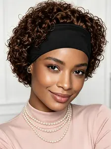 Pixie Cut Human Hair Wigs for Women, Short Curly Wave Wig, Curly Textured Wigs, Machine Made, Daily Party Cosplay Gift, Headband Wig