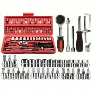 46-Piece Socket Wrench Set, Chromium-Vanadium Steel, Professional Car Bike Repair Tool Kit, Durable Metal, Includes Storage Box