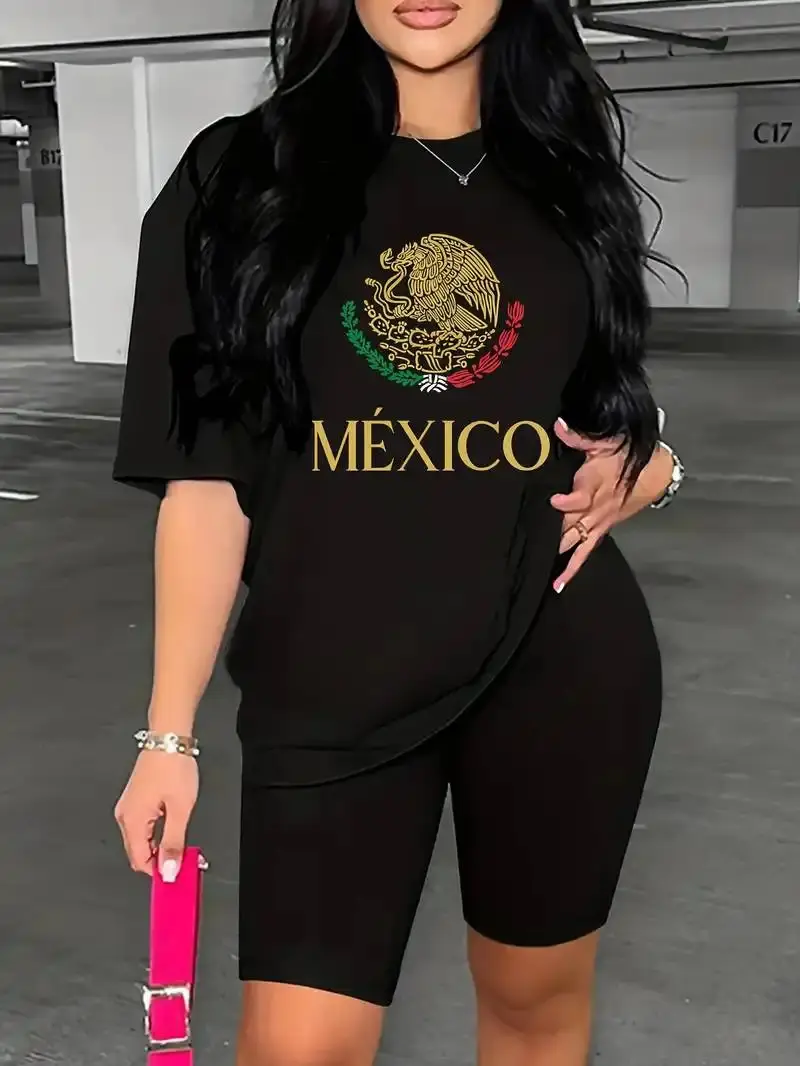 Women's Cotton Fabric Oversized Short-Sleeve Crew Neck T-Shirt - Soft, Comfy, America Cup Mexico Print, Casual Style, Women's Tops 0705D 818