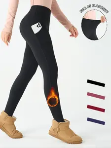 1PC Women's Stretchy High Waist Fleece Lined Yoga Pants with Pockets, Winter Sportswear Ski Leggings, Tight Fit Abdominal Control Bottoms for Fitness Outdoor Activities, Soft and Comfortable