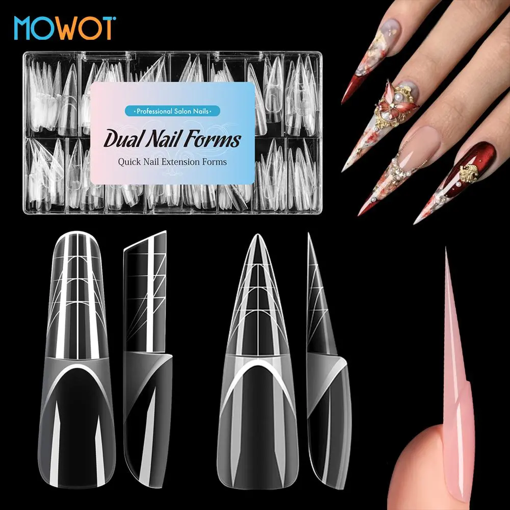 MOWOT 150pcs Space Nail Dual Forms Stiletto Almond Smart French Line Acrylic Extension Nail Forms 15 Sizes Poly Nail Gel Molds