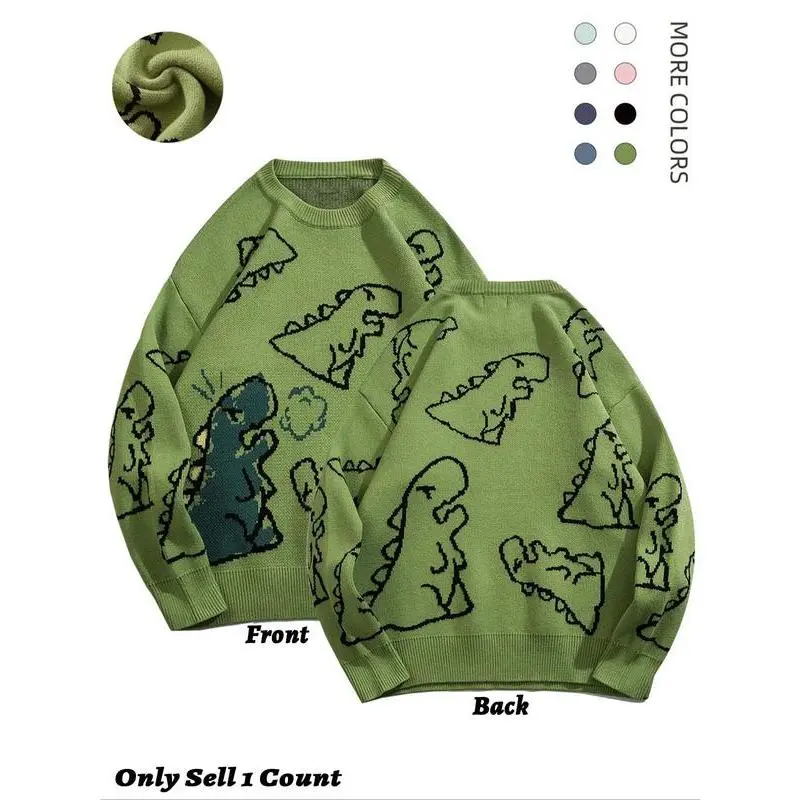 2026 Men's Trendy Round Neck Long Sleeve Dinosaur Sweater Lounge Loose Crew Neck Jumper Fall Winter Casual Knit Clothing Daily Wear Pullover Graphic Novelty, men apparel, winter sweater, men cardigan