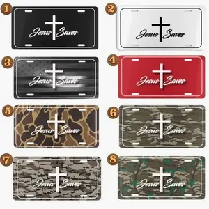 Jesus Saves License Plate – Christian Cross Aluminum Vanity Car Tag with Camo & Solid Color Options