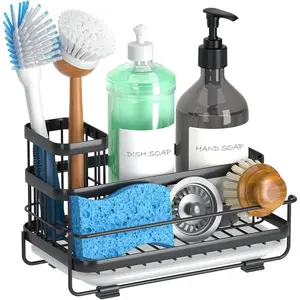 Sink  Kitchen Organizer, Non-Slip Dish Soap Dispenser Rack with Drain Tray, Rustproof Brush Holder for Countertop Storage (Matte Black)