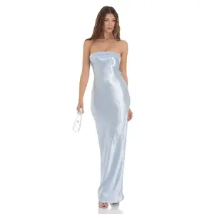 Strapless Satin Open Back Maxi Dress in Light Blue