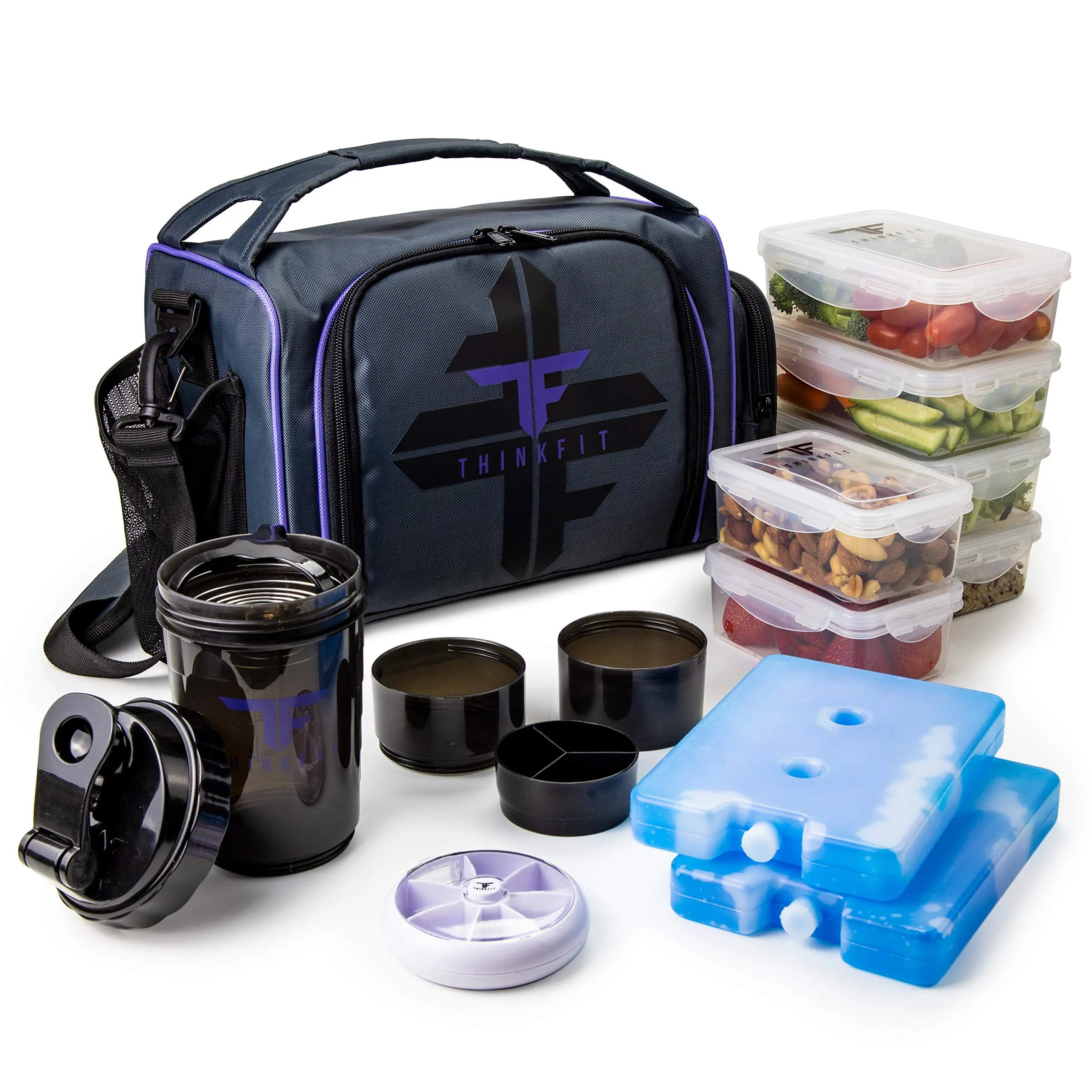 Purple ThinkFit Insulated Meal Prep Lunch Bag Set with 6 Containers, Ice Packs, Shaker Cup, and More!