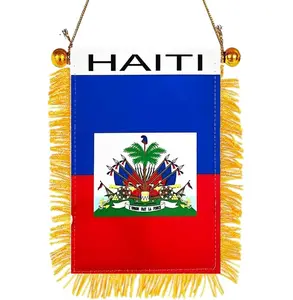 2 Pack-Haitian Fringy Window Hanging Flag - Small Mini Haiti Flag Banner for Car Rearview Mirror Décor - Fringed -Haiti Hanging Flag with Suction Cup & Fringy-4x6 ''