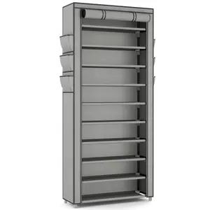 Vertical Narrow Shoe Rack Organizer Tall Shoe Rack for Closet Entryway 10 Tier Non-Woven Cover Shoe Shelf Holds 36-41 Pairs Free Standing Shoe Storage Cabinet with Dustproof Cover, 10 row, Grey