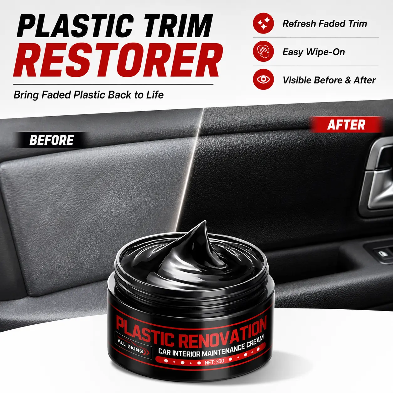 Car Interior Plastic Restorer, Plastic Trim Restorer for Faded Black Trim, Auto Detailing Cream for Dashboard, Door Panels & Interior Plastic, Easy Wipe-On, 30g